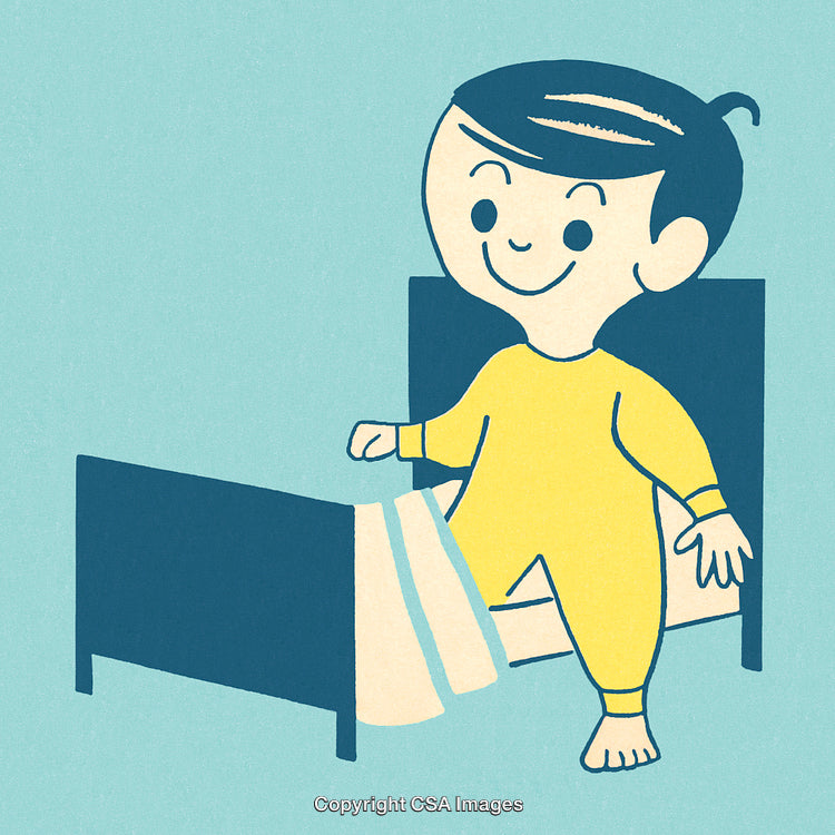 Child Waking Up in Bed with a Cheerful Expression in Warm Pastel Colors
