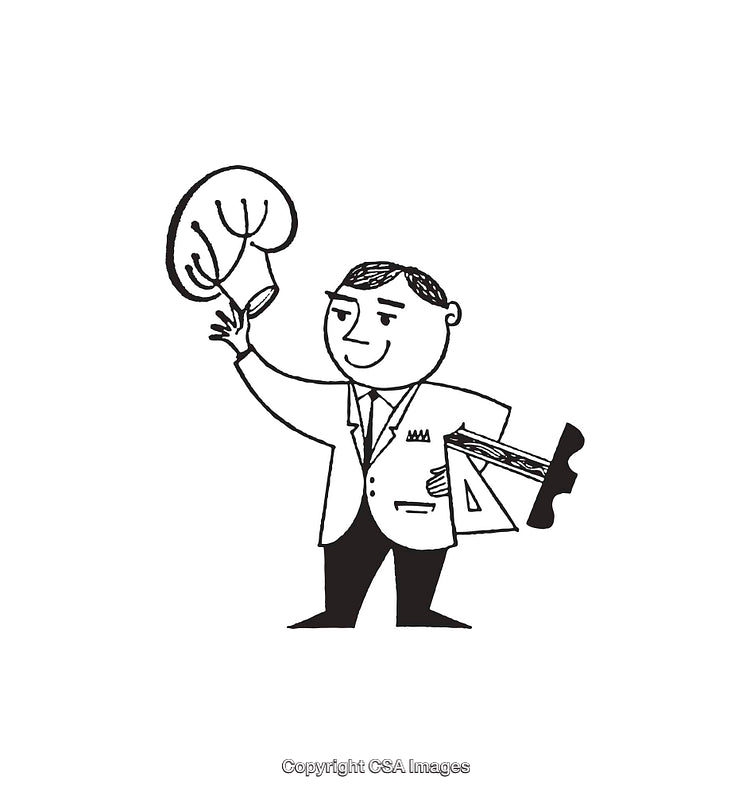 Retro Style Black and White Cartoon of a Smiling Man Holding a Lightbulb