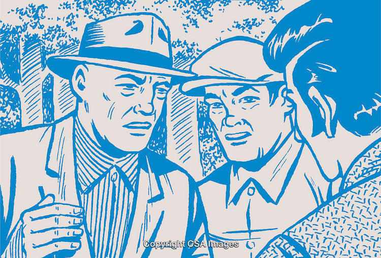 Retro Styled Illustration of People Engaged in a Serious Outdoor Conversation