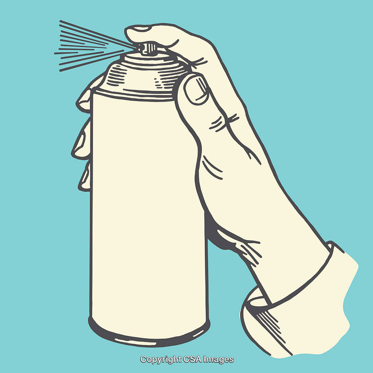 Hand Using Spray Can Artwork in Vintage Style on Blue Background