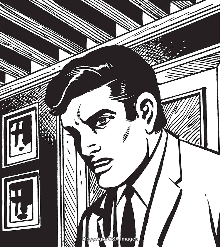 Vintage Comic Book Style Artwork of a Serious-Looking Man in a Suit