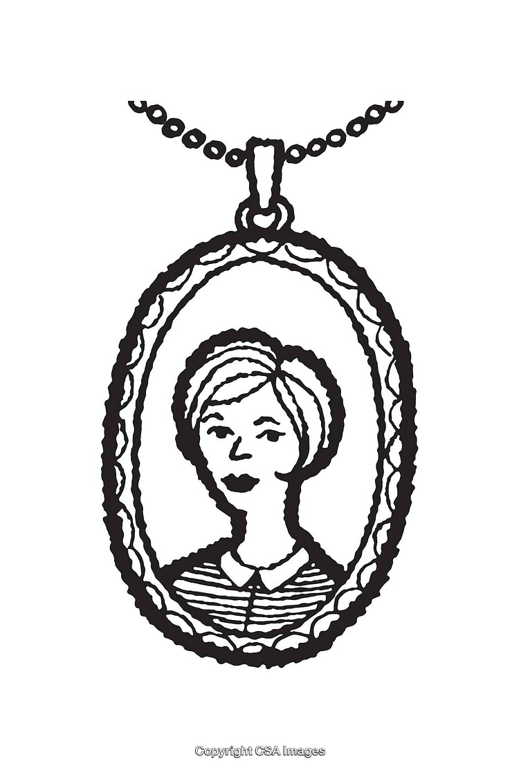 Black And White Line Art Illustration of a Locket With a Portrait Design