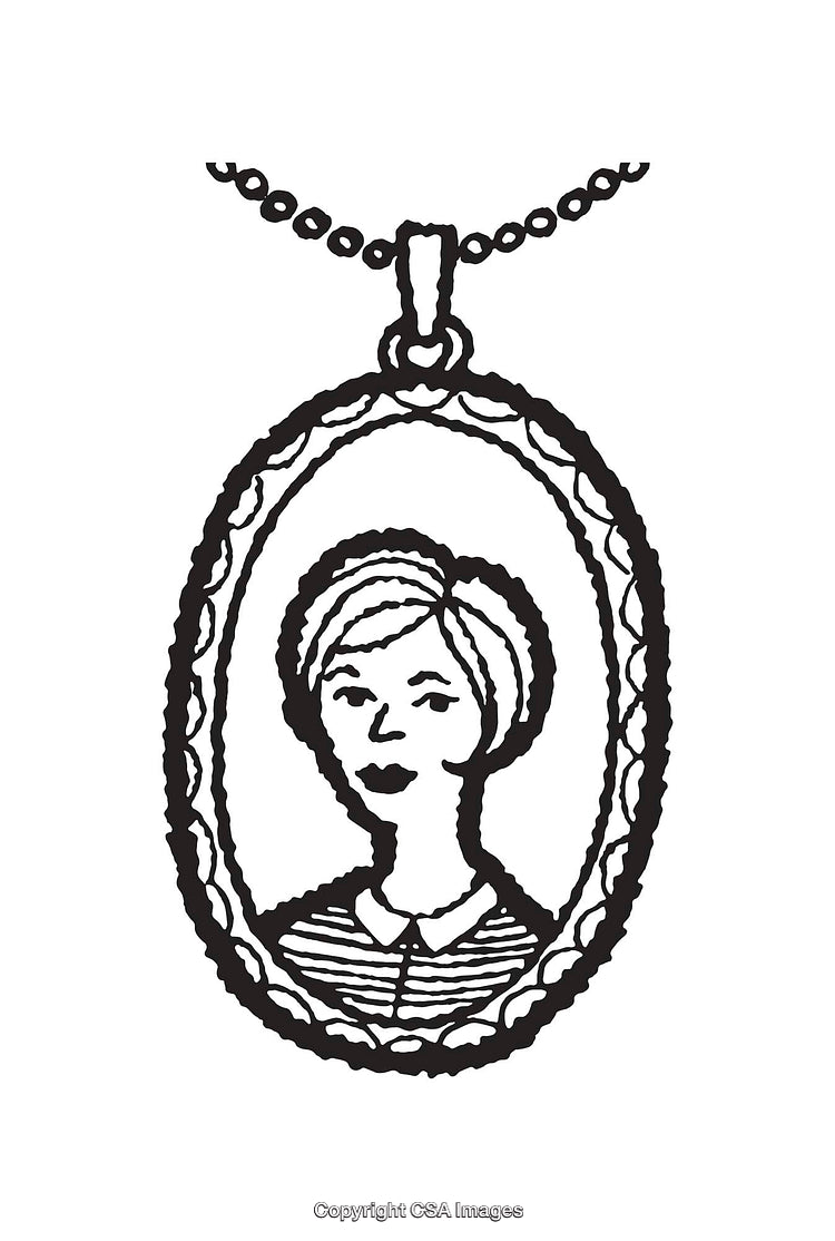Black And White Line Art Illustration of a Locket With a Portrait Design