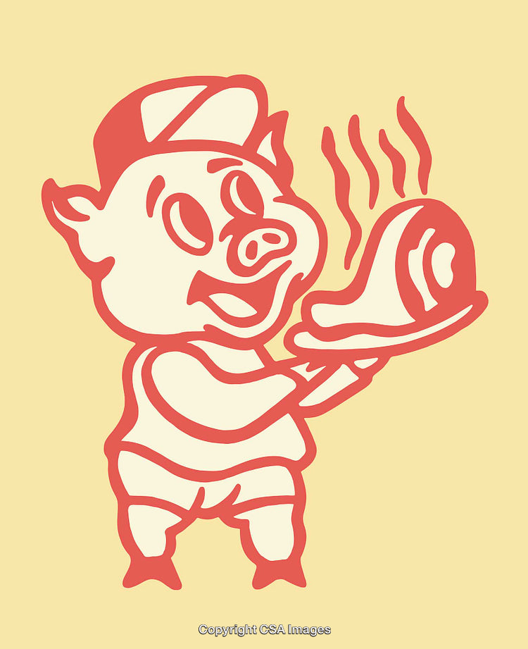 Cartoon Pig Holding a Hot Food Item in Retro Style Illustration