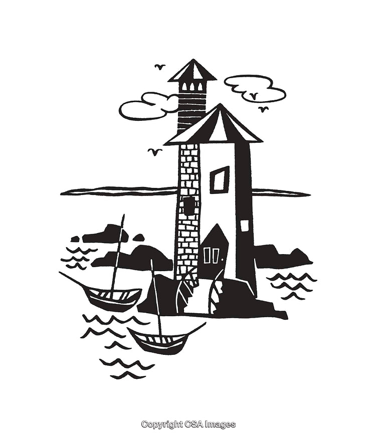 Black and White Illustration of Lighthouse by the Sea with Boats