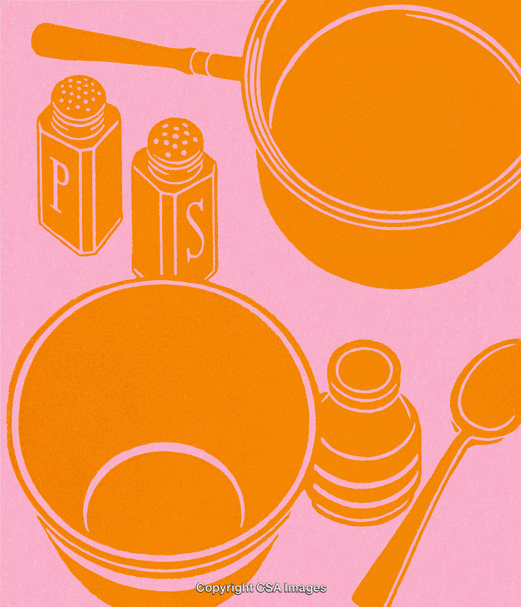 Minimalist Drawing of Kitchen Utensils With Bold Orange on Pink Background