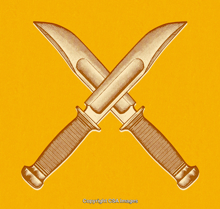 Vintage Style Illustration of Crossed Daggers on a Bold Yellow Background