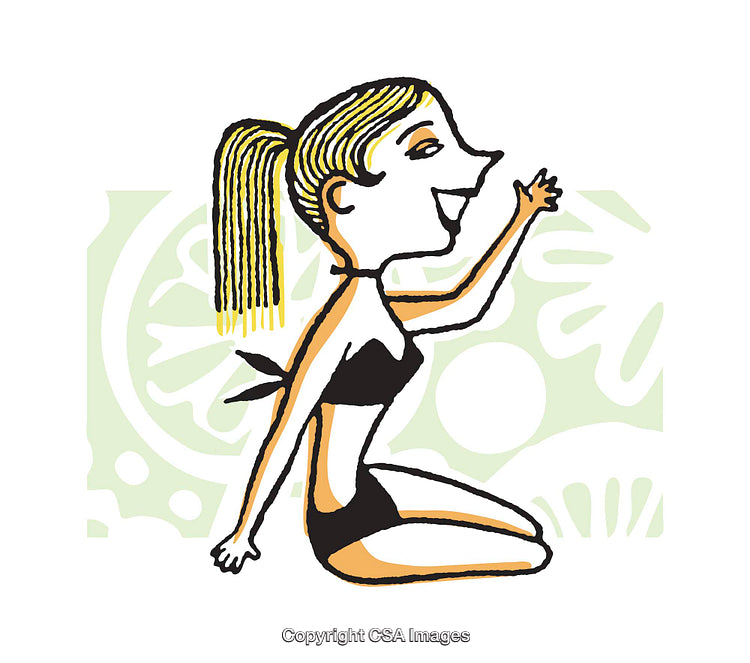 Whimsical Illustration of a Woman in a Black Swimsuit in a Tropical Setting
