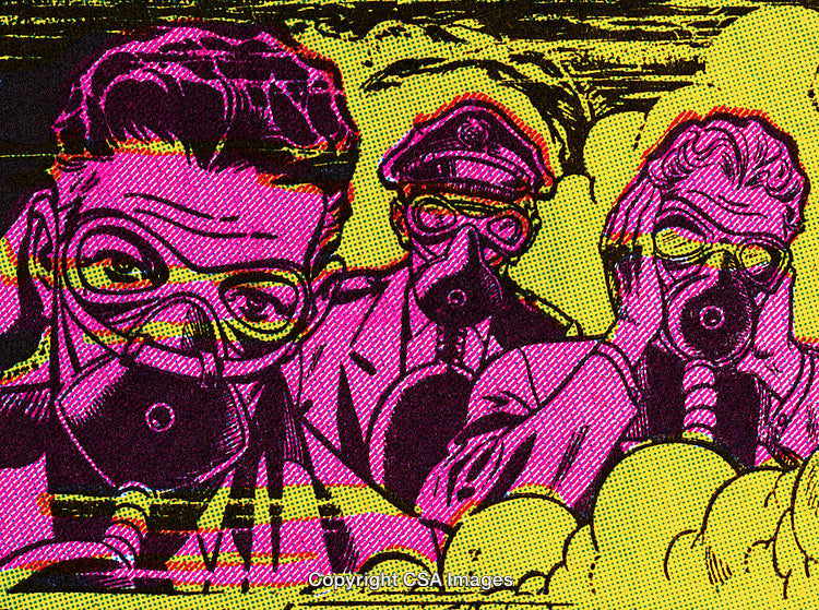Colorful Comic Style Illustration Depicting Gas Masked Figures in a Dynamic Scene