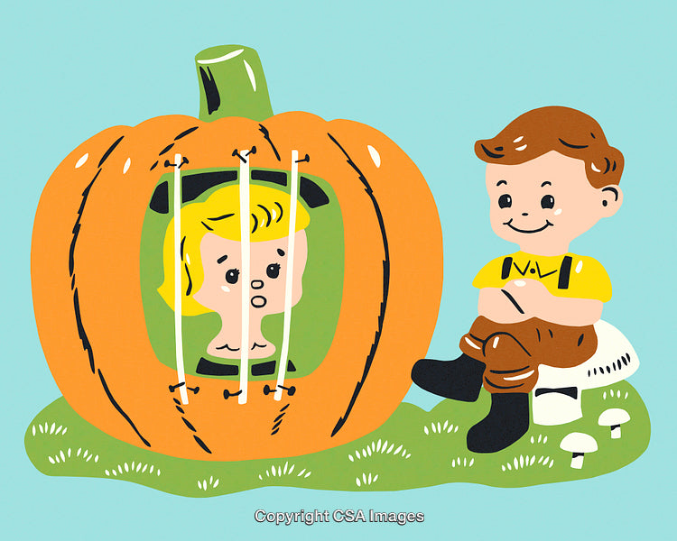 Children Playing Around Halloween Pumpkin with Imaginative Decoration