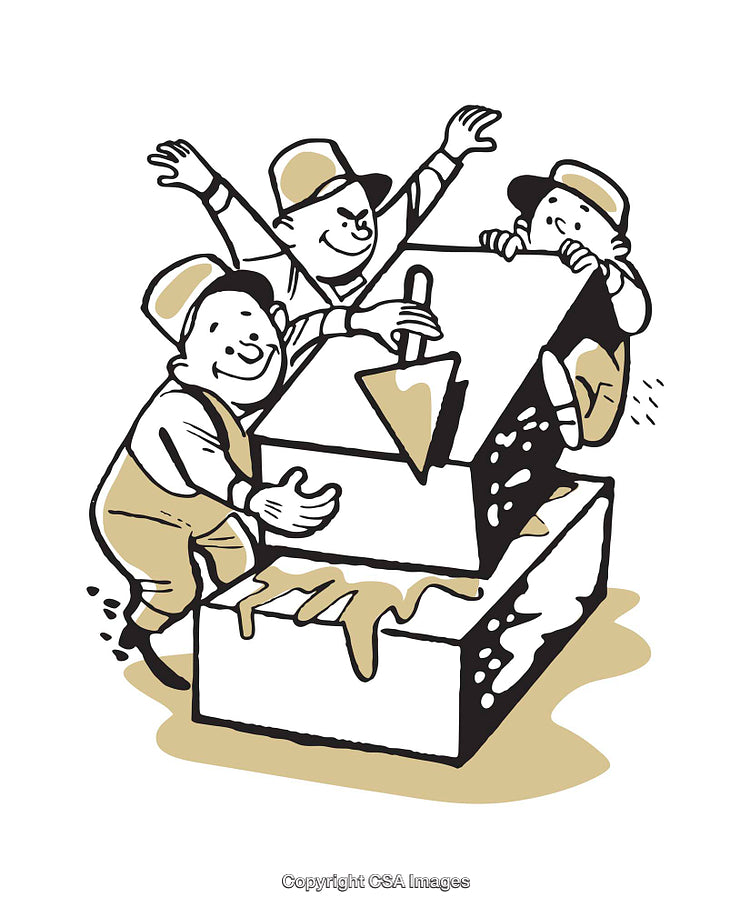Playful Cartoon Builders Collaborating to Stack Foundation Blocks Cheerfully
