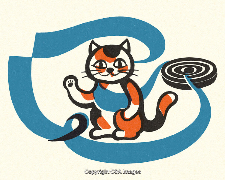 Playful Calico Cat Illustration with Spirals and Creative Blue Ribbon Design
