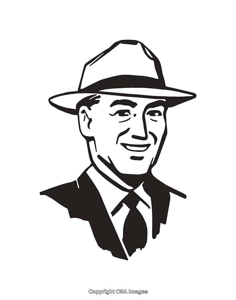 Black and White Line Art Illustration of a Smiling Man in a Hat
