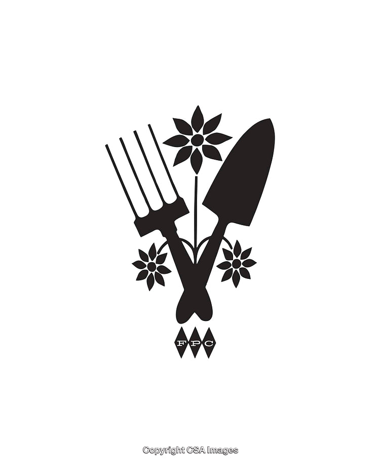 Black and White Garden Tools with Floral Decoration Icon Illustration
