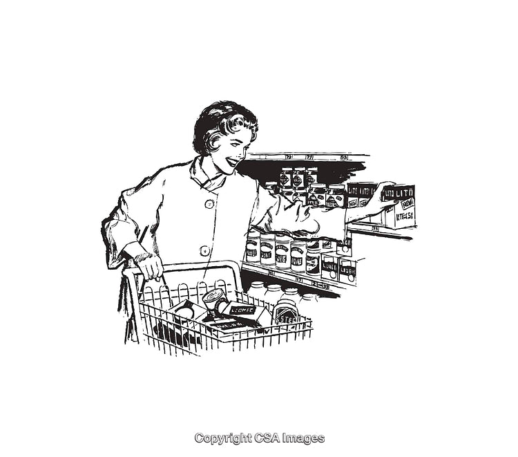 Black And White Illustration of a Woman Shopping for Groceries