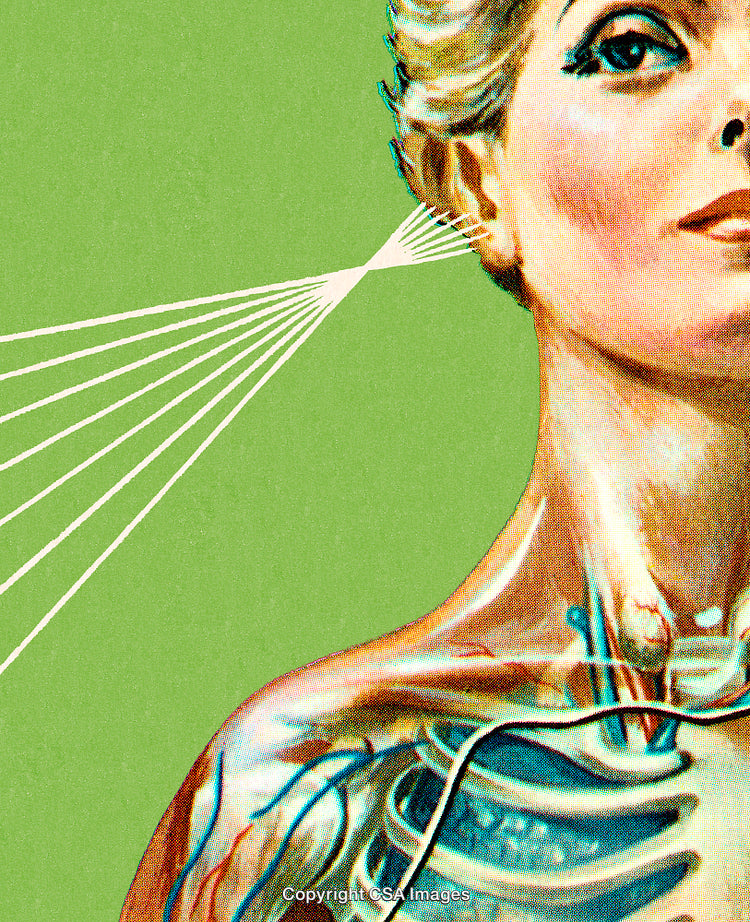 Artistic Illustration of Female Anatomy with Futuristic Elements on Green Background