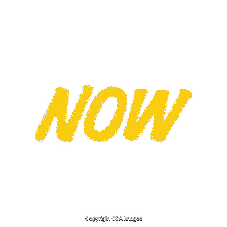 Bold Yellow NOW Text on a Minimal White Background