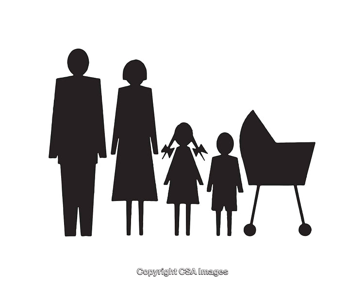 Black and White Silhouette Icon of a Family with Baby Carriage