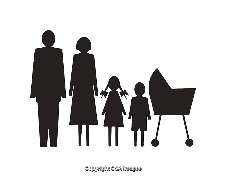 Black and White Silhouette Icon of a Family with Baby Carriage