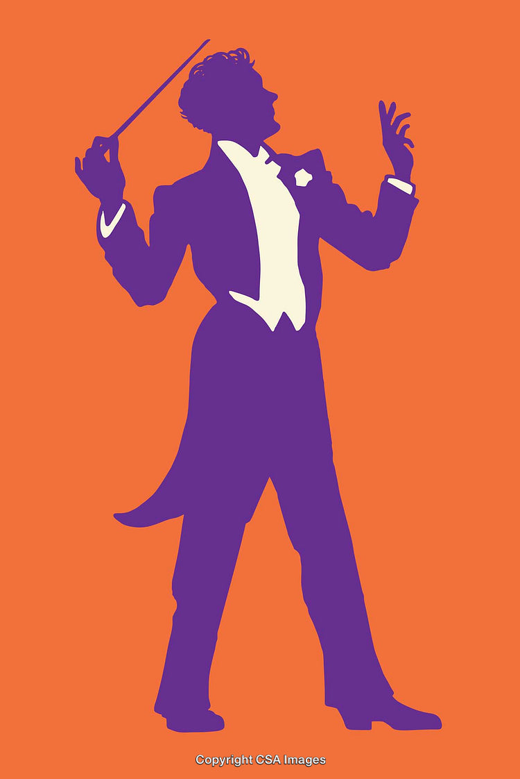 Silhouette of a Conductor Holding a Baton on Orange Background