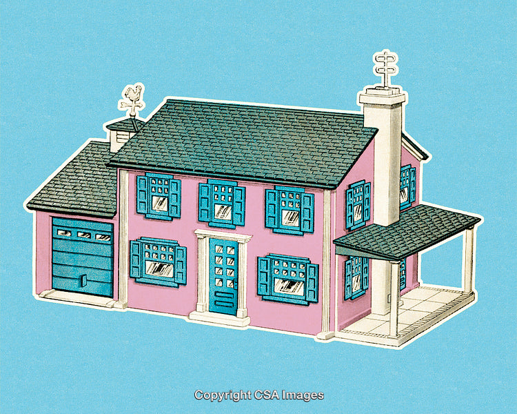 Colorful Illustration of a Vintage House with Blue Shutters on Light Blue Background