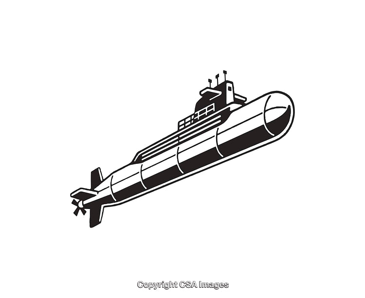 Black and White Illustration of a Submarine in Side View