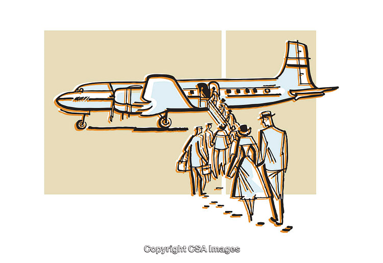 Passengers Boarding an Aircraft in a Vintage Illustration Style