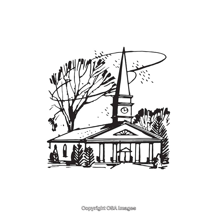 Black and White Line Art of a Traditional Church with Steeple