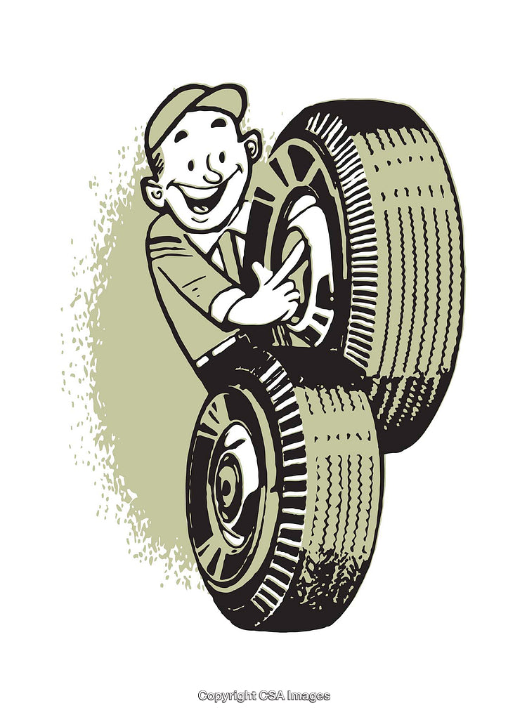 Vintage Cartoon of Smiling Mechanic Holding Automotive Tires