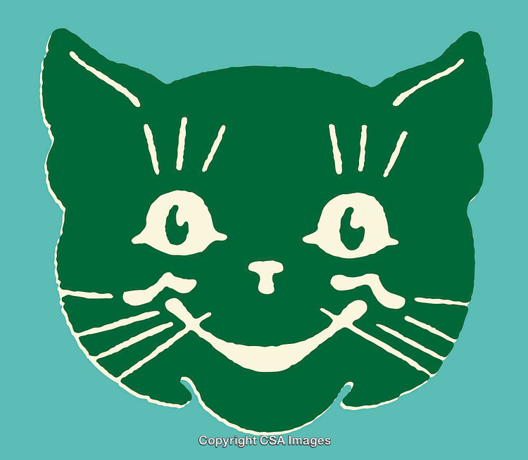 Whimsical Cat Face Illustration in Bold Green on Blue Background