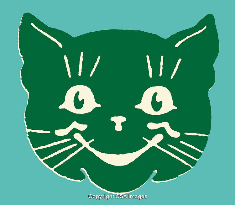 Whimsical Cat Face Illustration in Bold Green on Blue Background