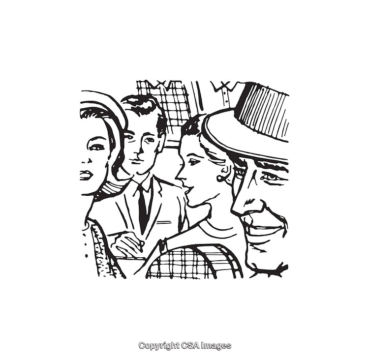 Retro Black and White Illustration of Group of People in Conversation