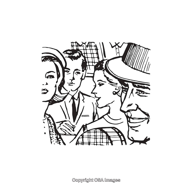 Retro Black and White Illustration of Group of People in Conversation
