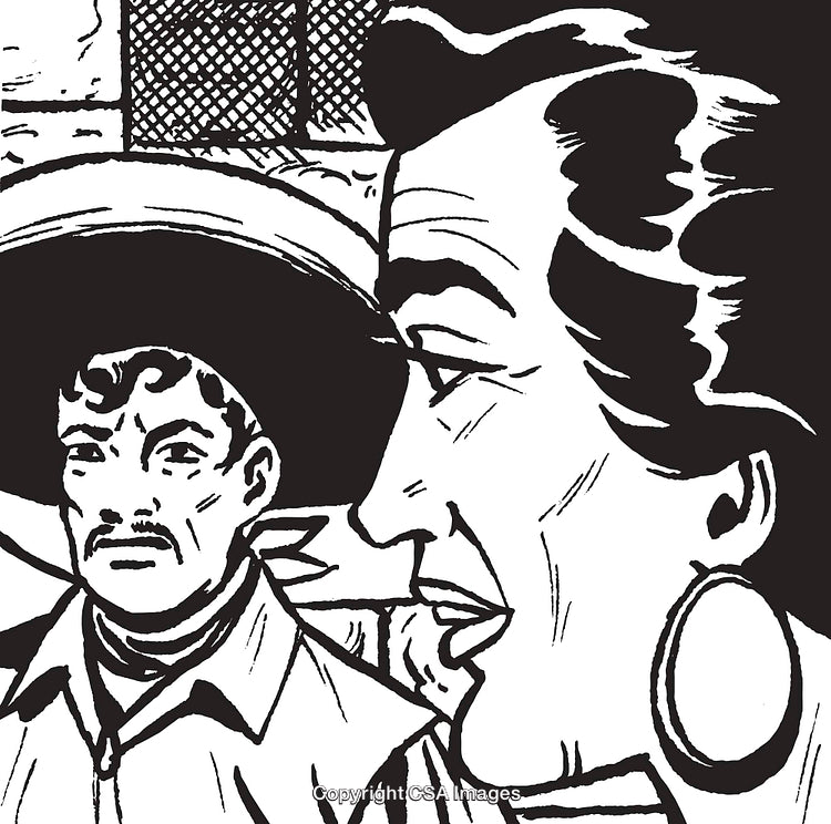 Detailed Line Art Illustration Depicting Two Character Expressions in Conversation