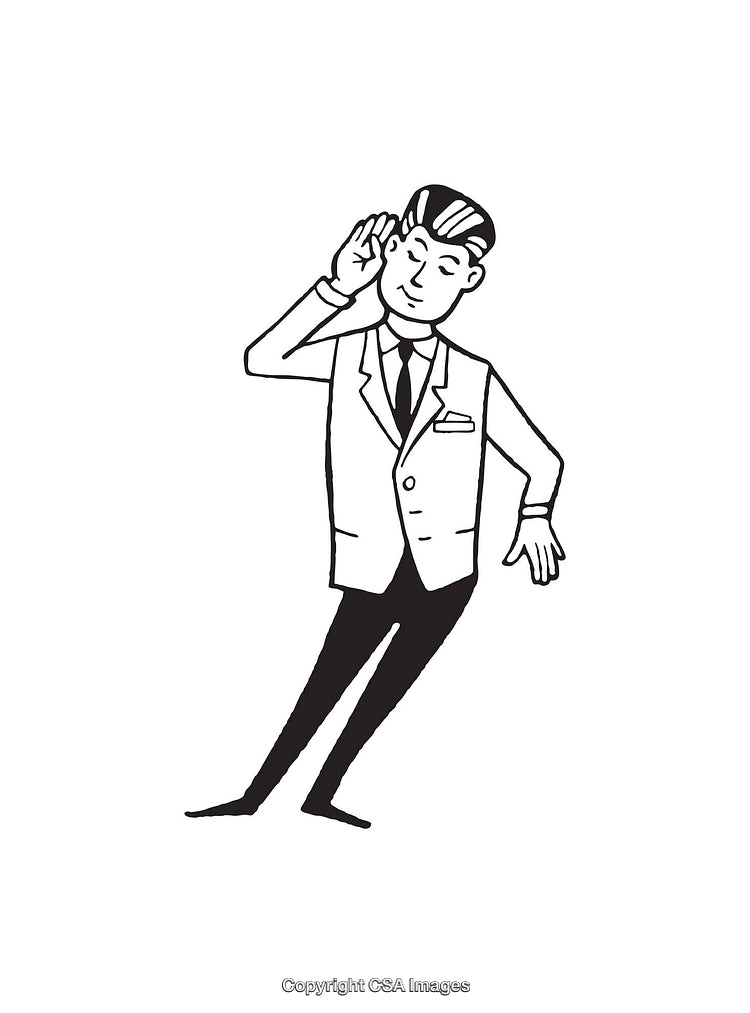 Black and White Line Art of Man Listening Attentively in Suit