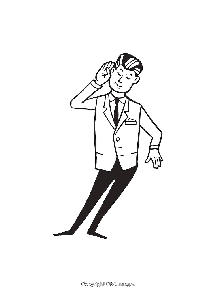 Black and White Line Art of Man Listening Attentively in Suit
