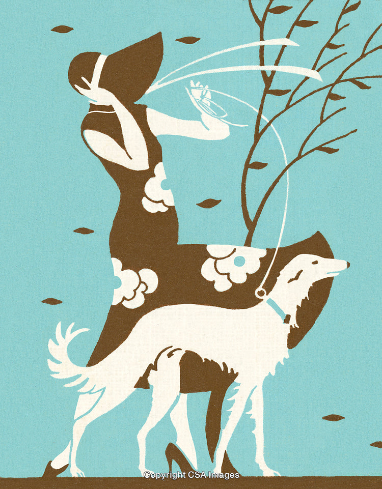 Elegant Woman Walking a Stylish Borzoi Dog in Retro Artwork Style