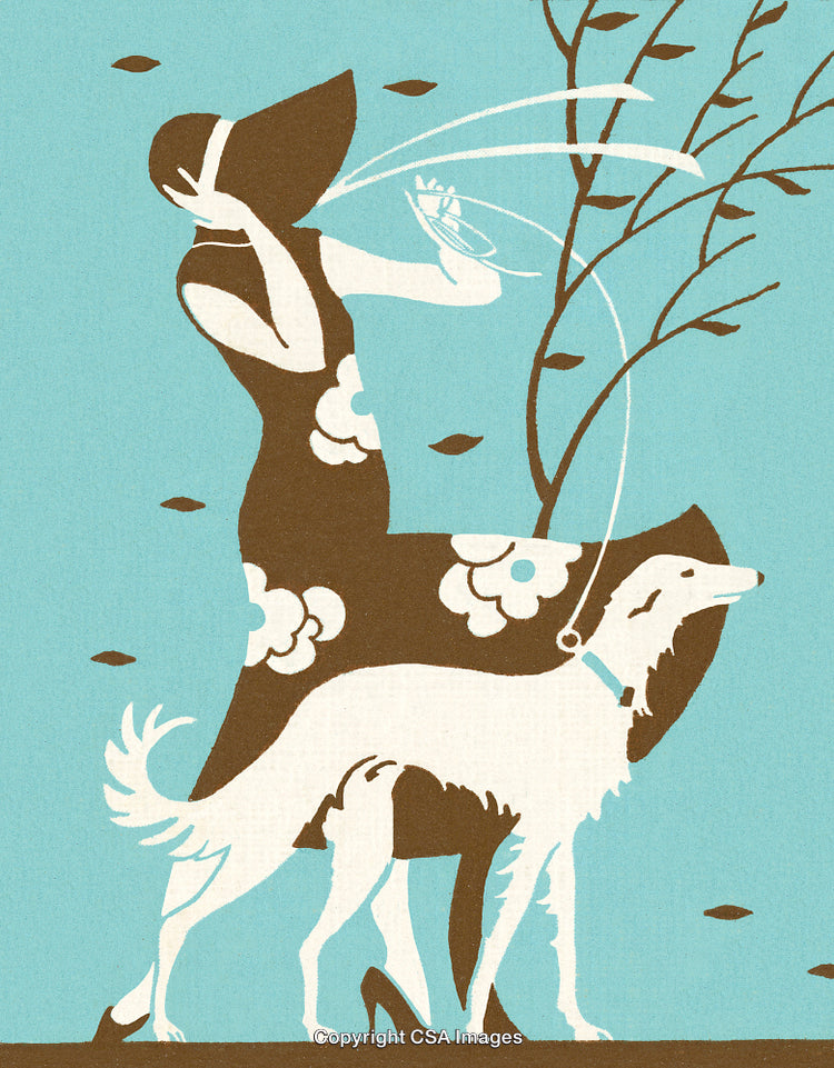Elegant Woman Walking a Stylish Borzoi Dog in Retro Artwork Style