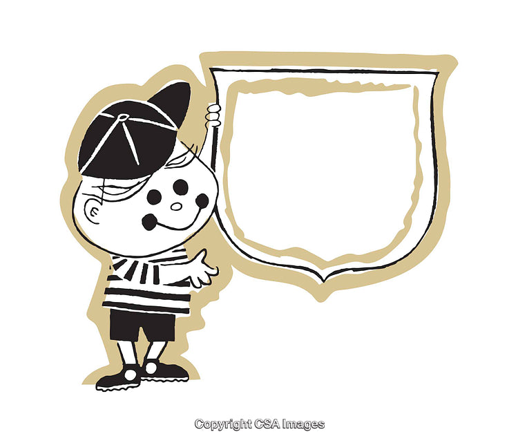 Vintage Illustration of a Cheerful Child Holding a Blank Shield