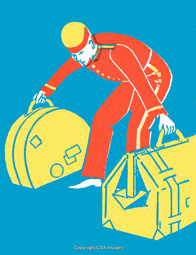 Colorful Illustration of a Bellhop Handling Luggage in Vintage Style