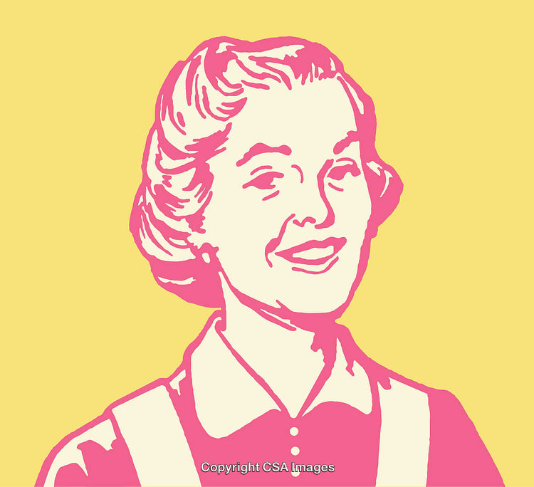 Vintage Style Color Illustration of a Smiling Woman in Pink and Yellow