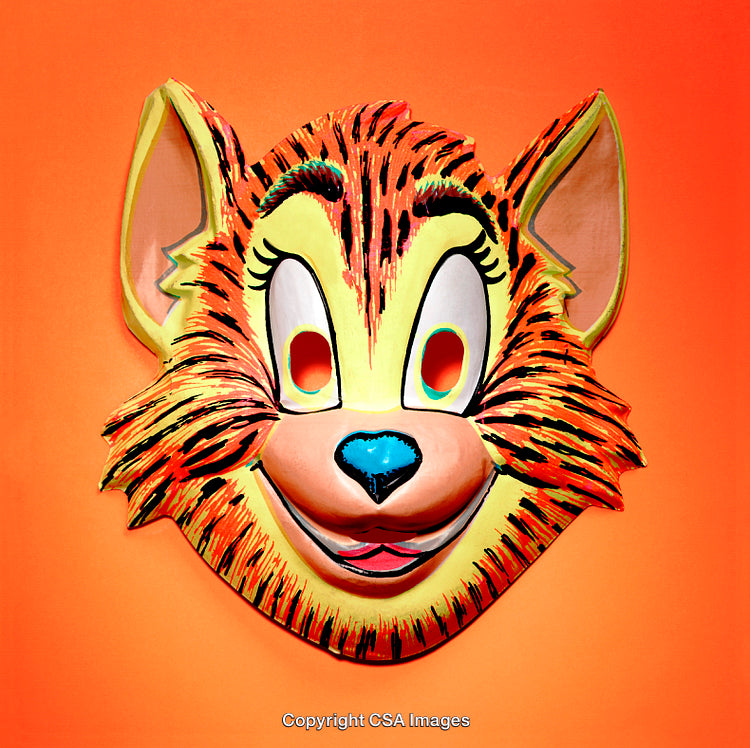 Colorful Cat Face Mask on Vibrant Orange Background