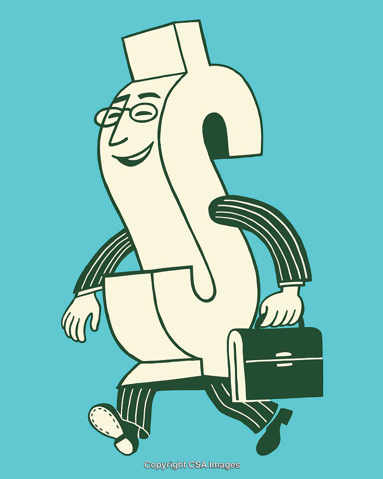 Vintage Style Illustration of Dollar Sign Character With Suit and Briefcase