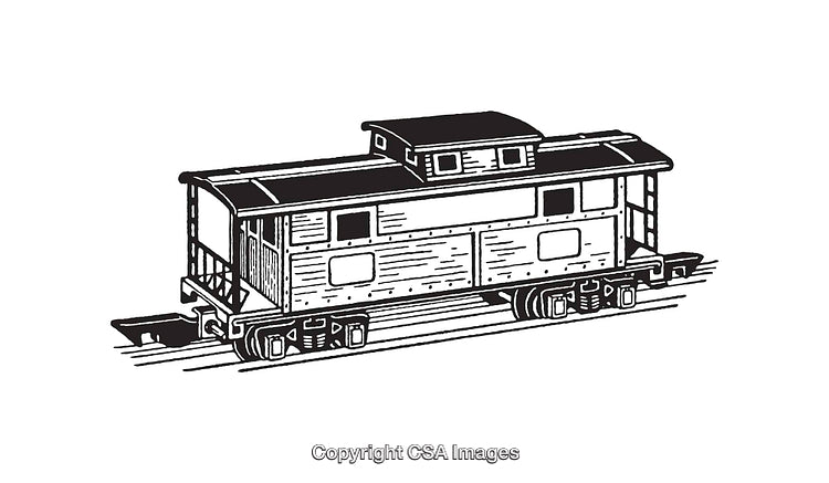 Vintage Black and White Line Art of Caboose Train Car