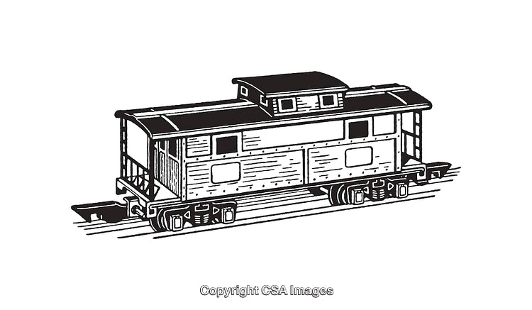 Vintage Black and White Line Art of Caboose Train Car