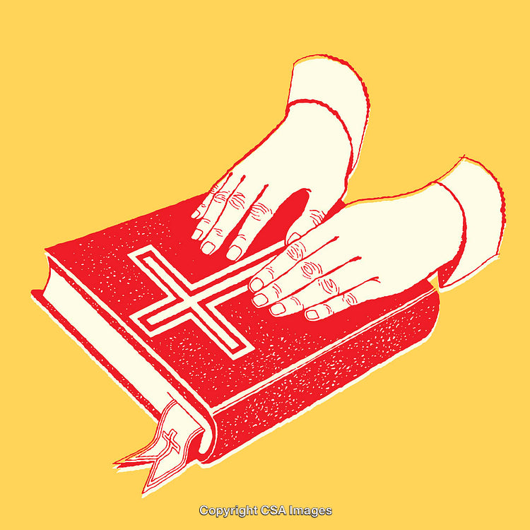 Line Art Illustration of Hands Placed on a Bible with a Cross