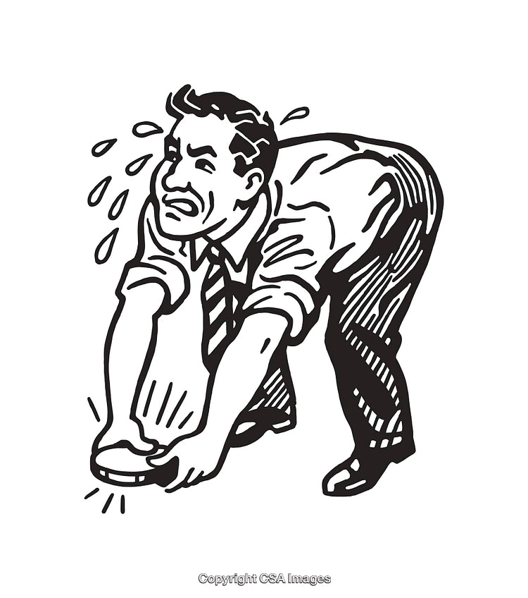 Black and White Line Art Depiction of a Sweating Office Worker Struggling