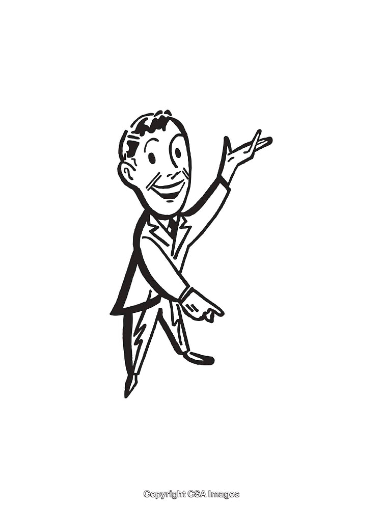 Black And White Illustration of a Happy Cartoon Character Gesturing