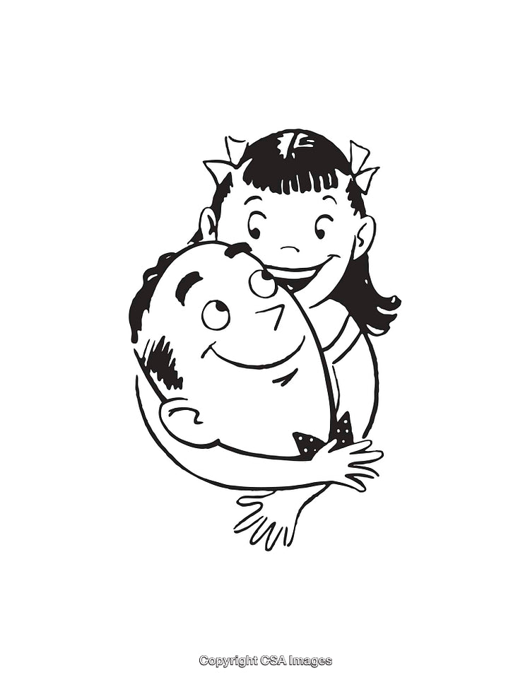 Vintage Black and White Illustration of Child Hugging an Adult Smiling