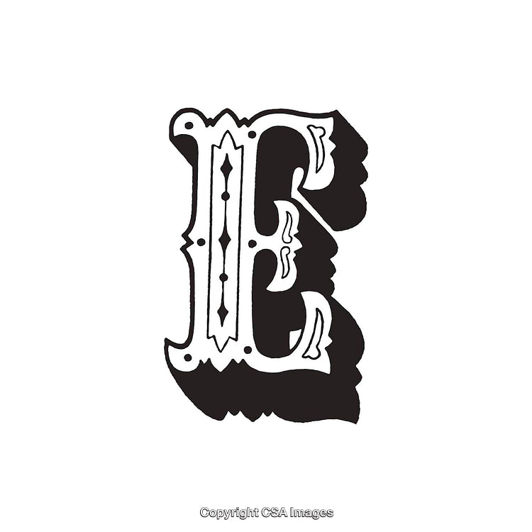 Intricately Designed Decorative Letter E in Black and White